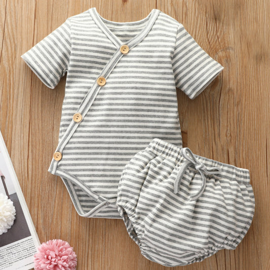 Dakota short sleeved kimono bodysuit and bloomer set - Grey Stripe