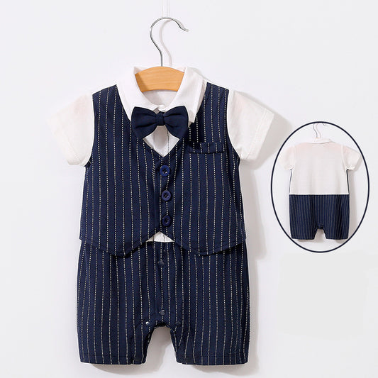 Tuxedo Romper - Navy Stripe