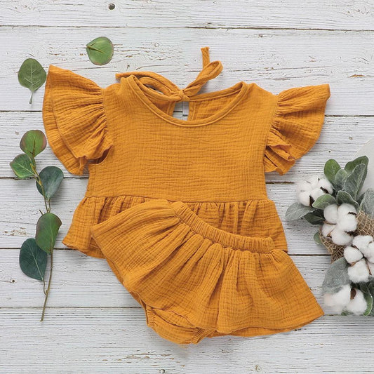 Ruffled Liya Cotton Muslin Set - Saffron